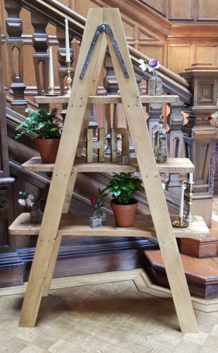 A frame wooden ladder shelf display unit hire weddings and events